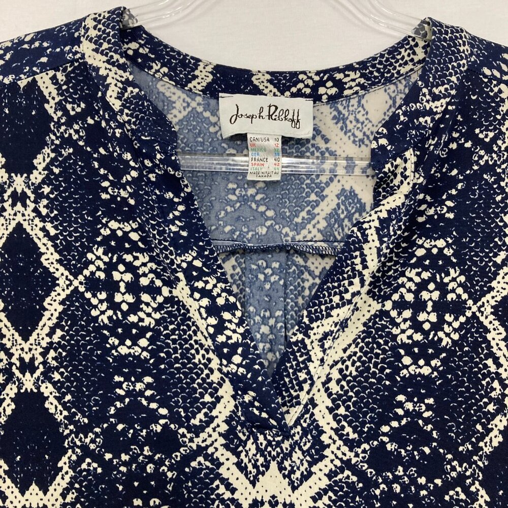 Joseph Ribkoff size 10 Blue Tan‎ Abstract Animal Print Stretch 3/4 Sleeve Blouse - Picture 7 of 9